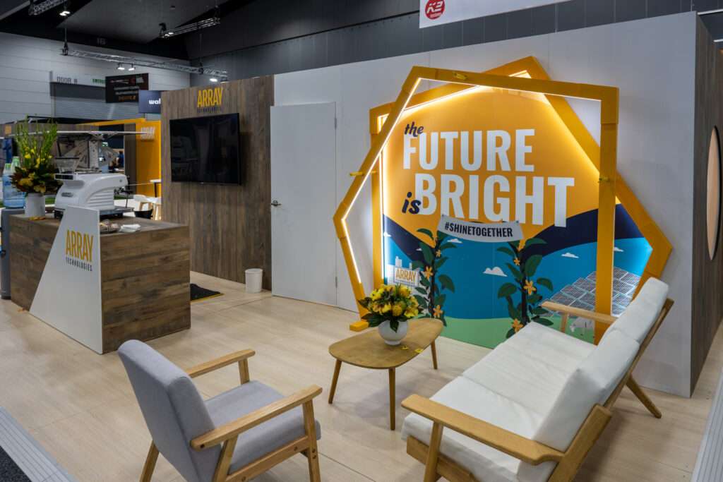 Shine Bright hexagonal light feature on custom exhibition stand for Array Technology All Energy at Melbourne Convention and Exhibition Centre MCEC