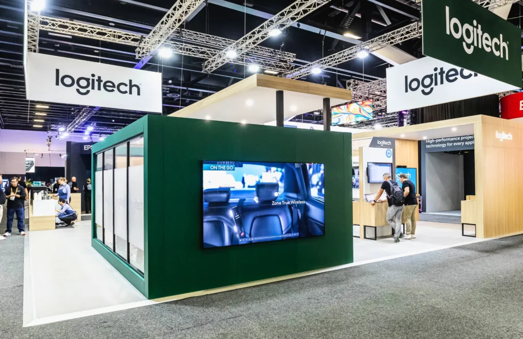 Custom exhibition stand for Logitech at Integrate 2024. Successful exhibition.