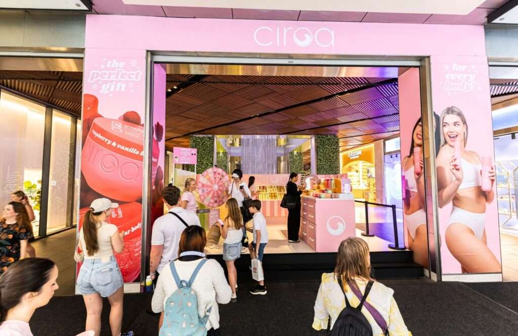 experiential marketing activations Ciroa Beauty Christmas Pop Up Pitt Street Mall Product Sampling Spin the Wheel Product Display Product Demo
